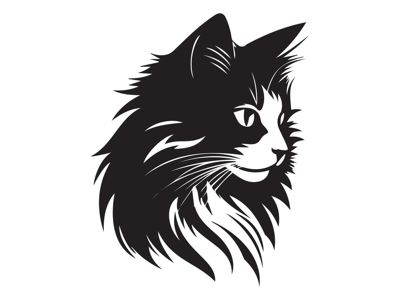 Black Silhouette of a Long-Haired Cat Isolated on a White Background. Concept of Pet Illustration, Domestic Animal, Minimalist Style, Feline Artwork. Print, Icon, Design Element vector