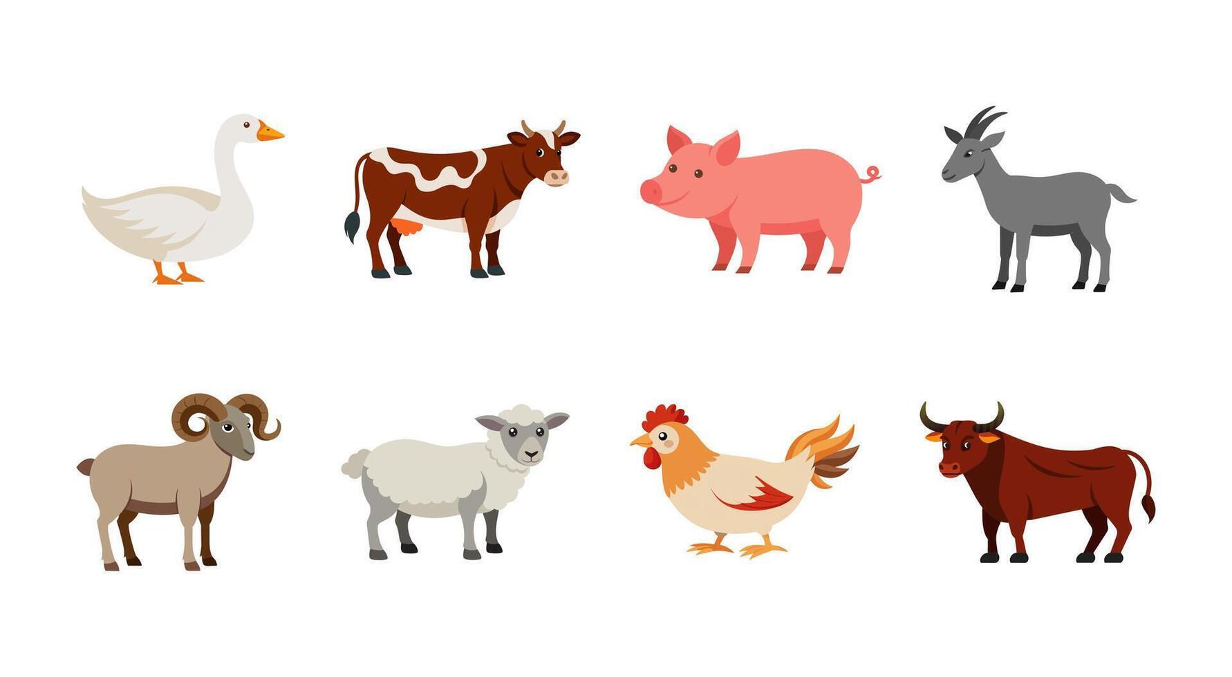 Cute farm animals collection featuring goose, cow, pig, goat, ram, sheep, chicken, and bull. Concept of barnyard creatures, domestic animals, kids illustrations, and farm life. Design elements. vector