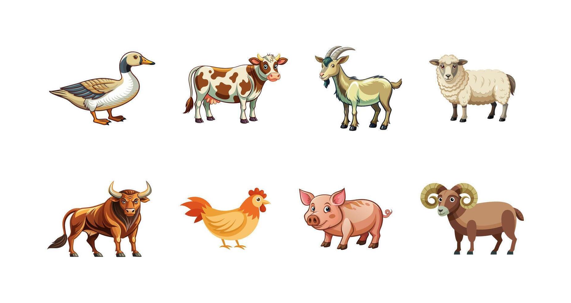 Set of farm animals including goose, cow, goat, sheep, bull, chicken, pig, and ram isolated on a white background. Concept of livestock, farm life, cute cartoon animals. Print, icon, design elements. vector