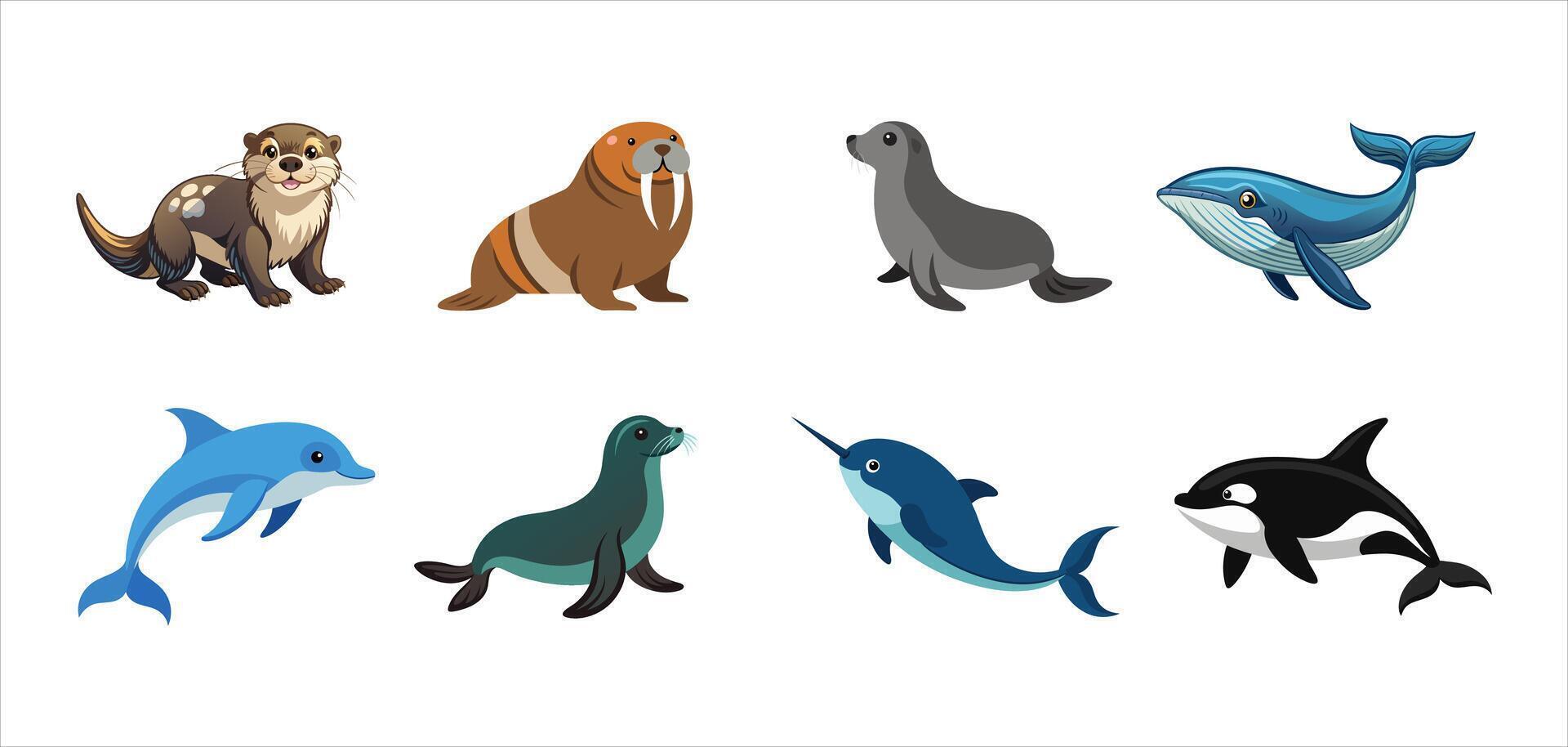 Illustration set of various marine mammals, including sea otter, walrus, seal, whale, dolphin, sea lion, narwhal, and killer whale. Concept of ocean wildlife, animal diversity, ecosystem vector