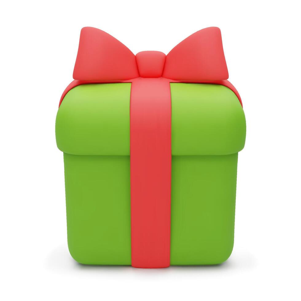 3d realistic green giftbox with red bow. Closed box with festive ribbon. Holiday present Isolated on white background. 3D illustration vector