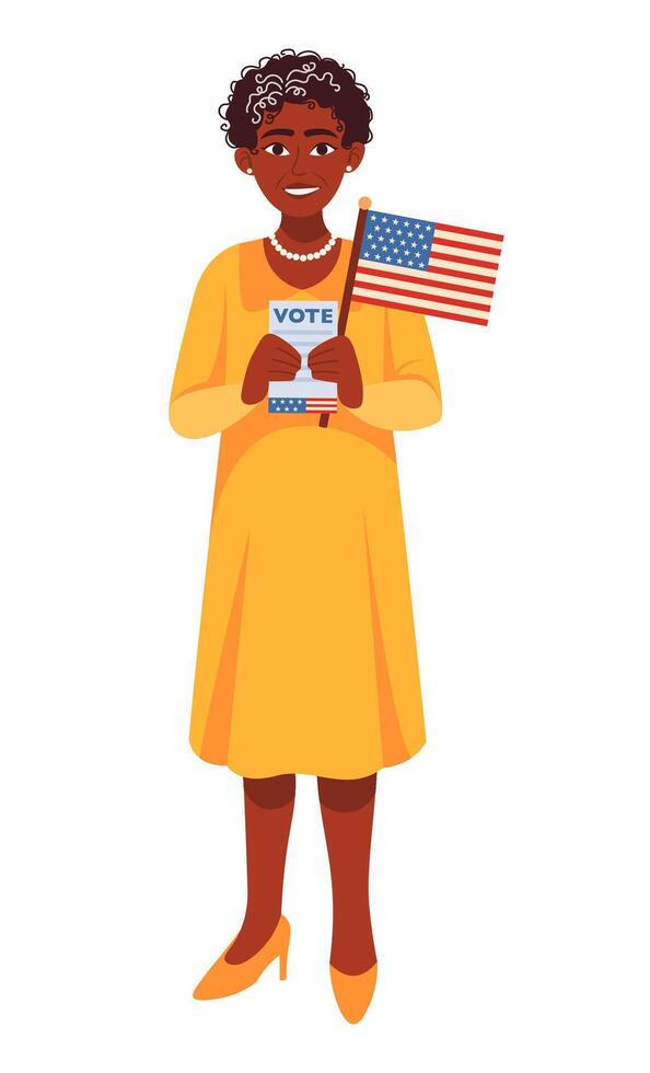 Old Black Woman Holding USA Flag and Voting Ballot vector