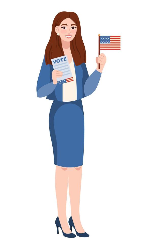 Young Woman Holding USA National Flag in Hands vector