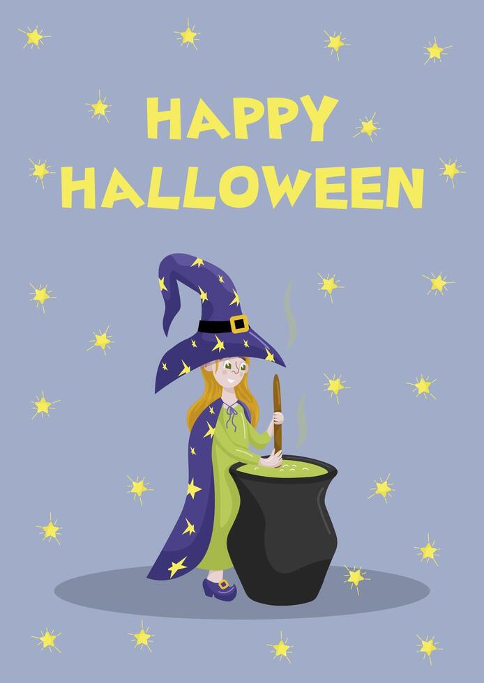 Happy Halloween illustration with a witch brewing a potion in a cauldron. Halloween for kids. illustration in cartoon style vector