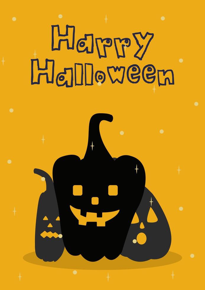 Halloween card with three black pumpkins on orange background with stars. Happy halloween postcard design. Halloween for kids. illustration in flat style for posters, banners, postcards. vector