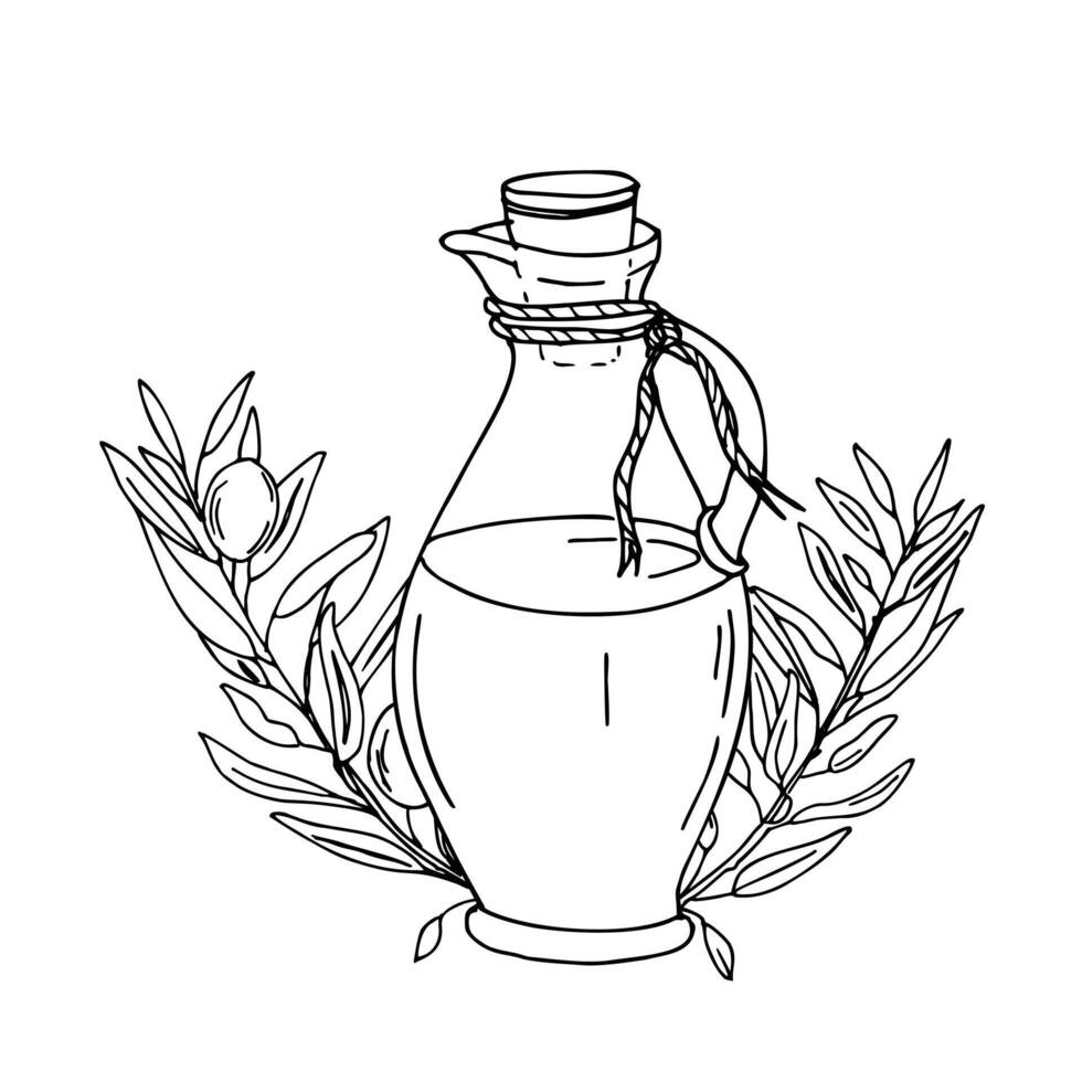 Olive Branches and Glass Jug with Oil Composition. Hand drawn illustration, Line art. Ink drawing for menu, product and cuisine design vector