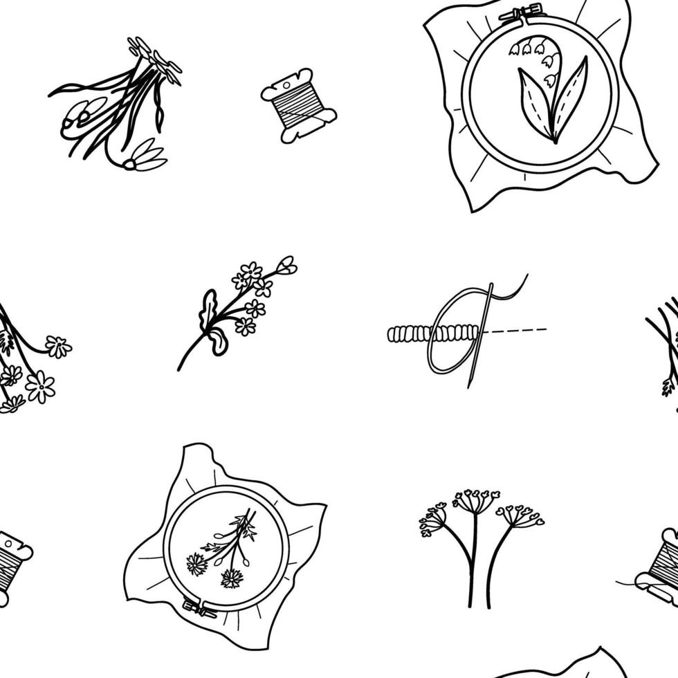 Needlework, Embroidery Seamless Pattern. Hand drawn illustration of Threads, Hoop with Canvas and stitched Flowers in doodle style. For Hobby or Handmade designs, manual Stitching Prints. vector