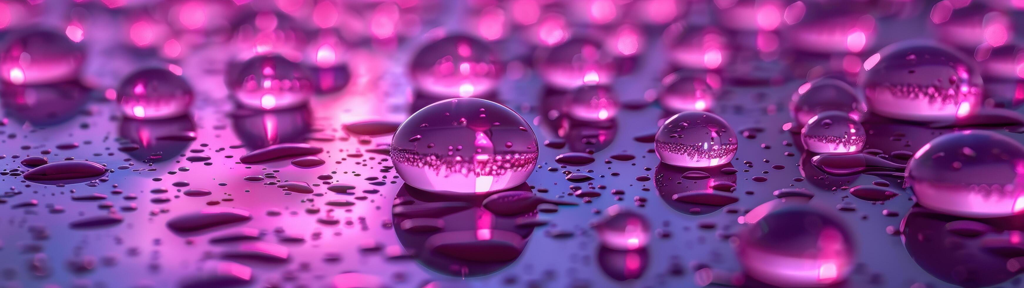 Pink and purple water droplets reflect magenta light, creating an ethereal, glowing background photo