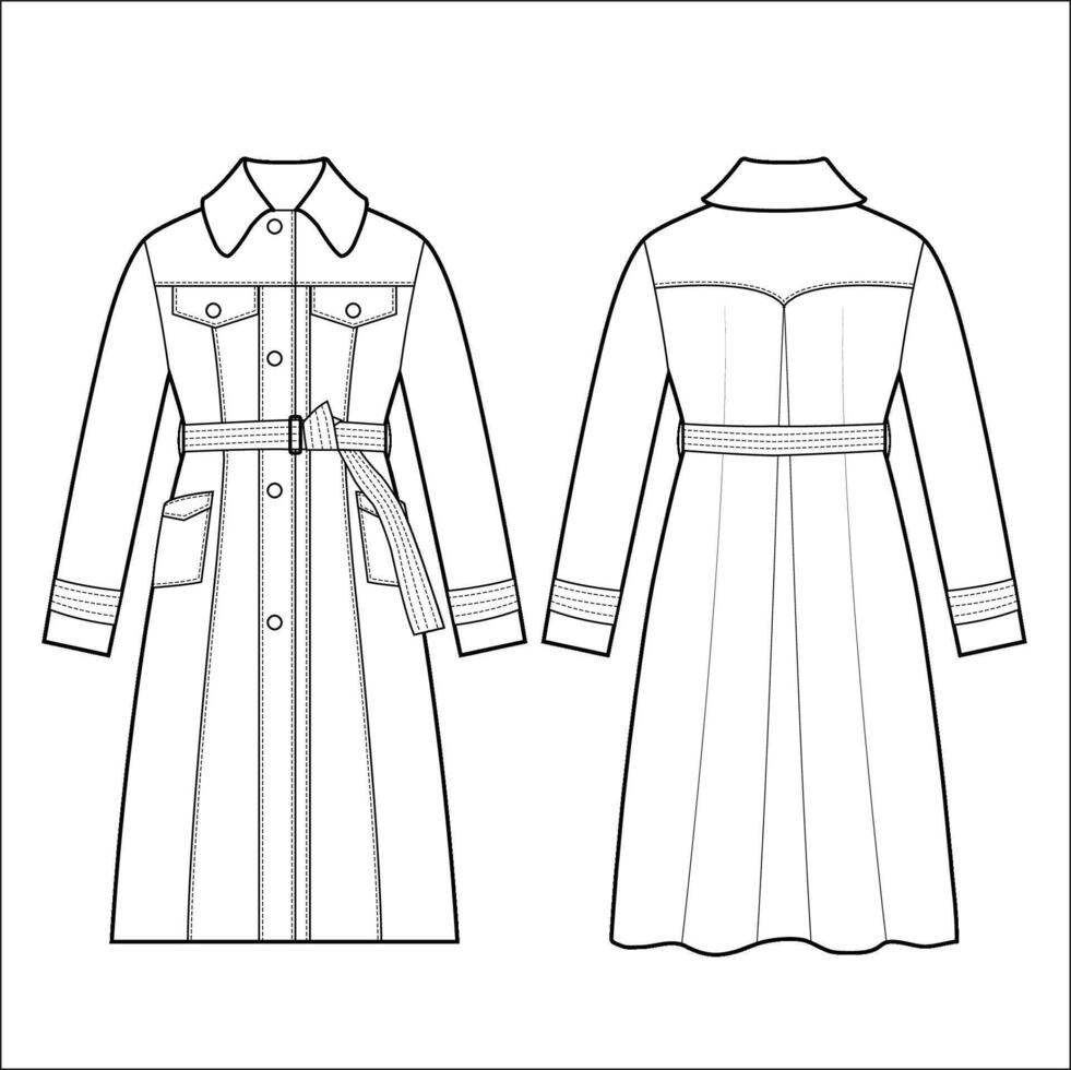 Full Trench coat technical fashion illustration with belt, double breasted, long sleeves, knee length, storm flap. Flat jacket template front, back, white, grey color style. Women, men top CAD mockup vector