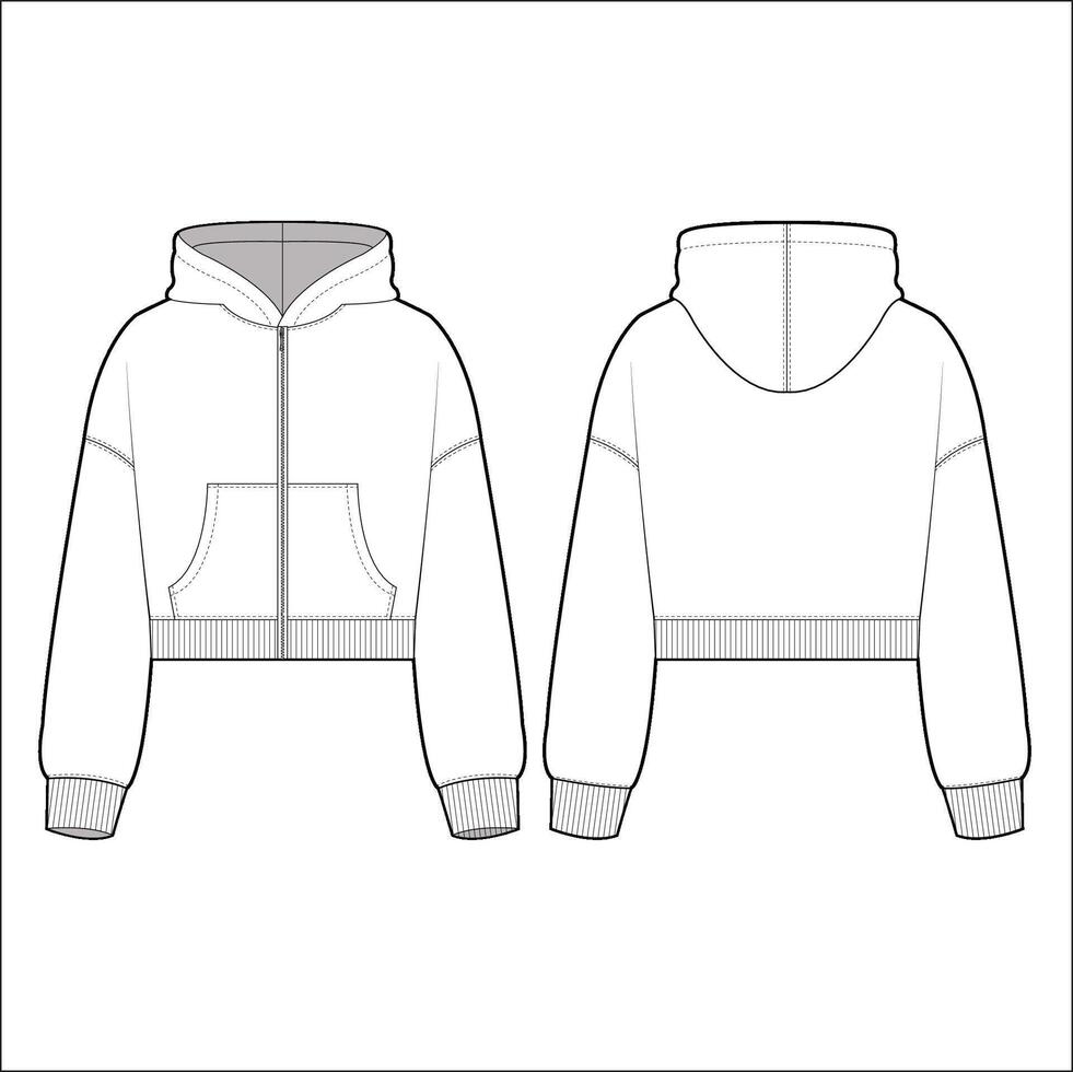 Crop Hoodie technical fashion illustration. hoodie template illustration. front and back view. Crop. drop shoulder. unisex. white colour. CAD mockup. vector