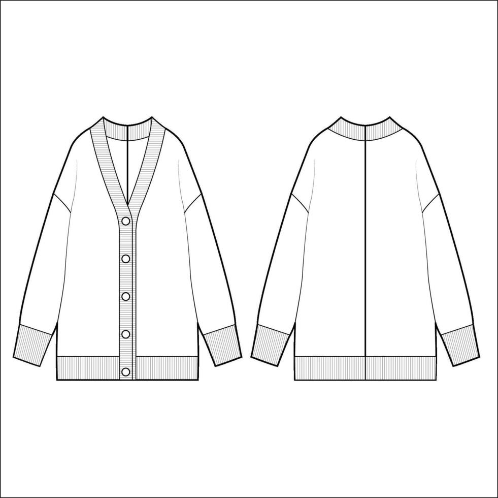 Oversized button cardigan sweater flat technical drawing illustration mock-up template for design and tech packs men or unisex fashion CAD streetwear women. vector