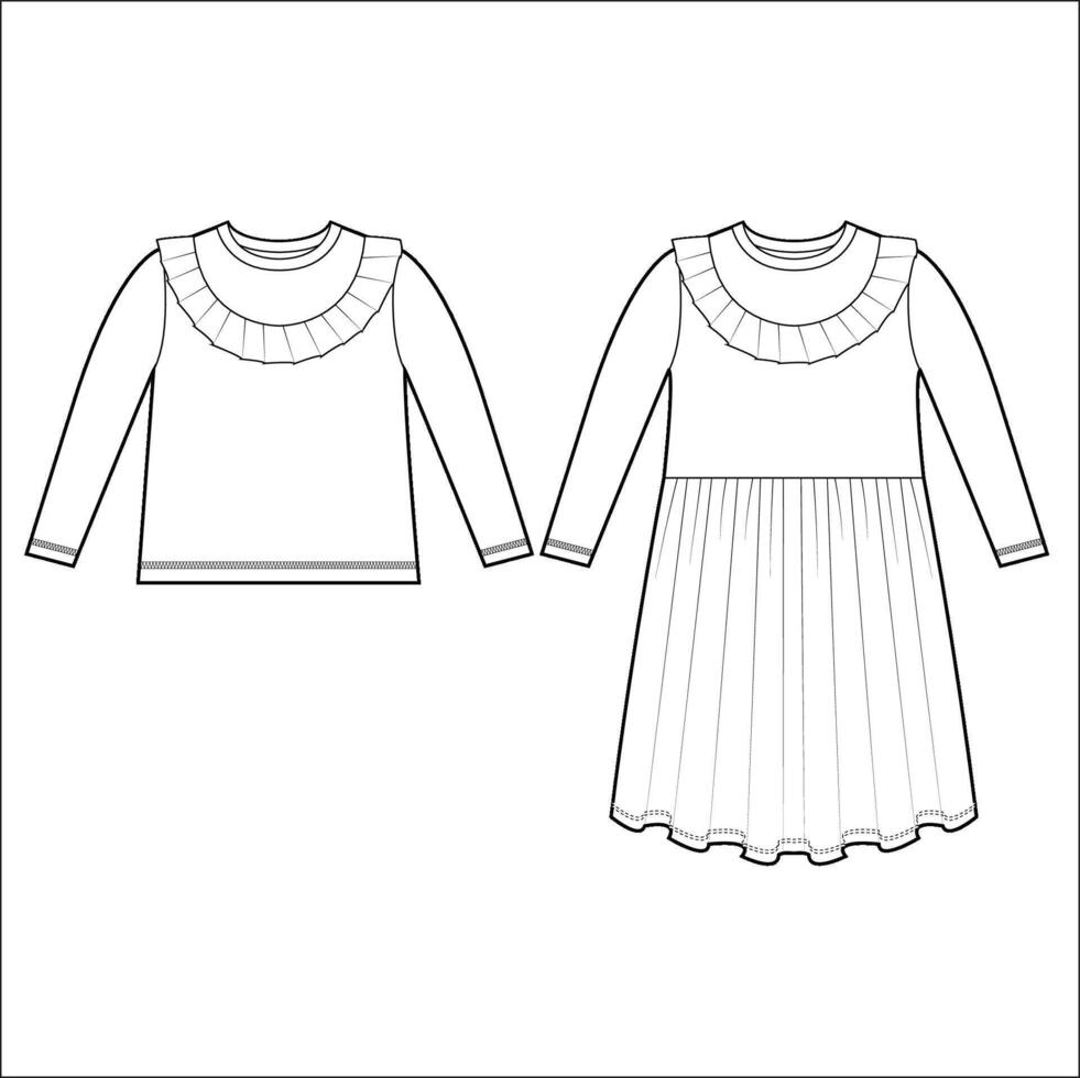Dress with a flared skirt collection basic set of technical sketches for girls vector