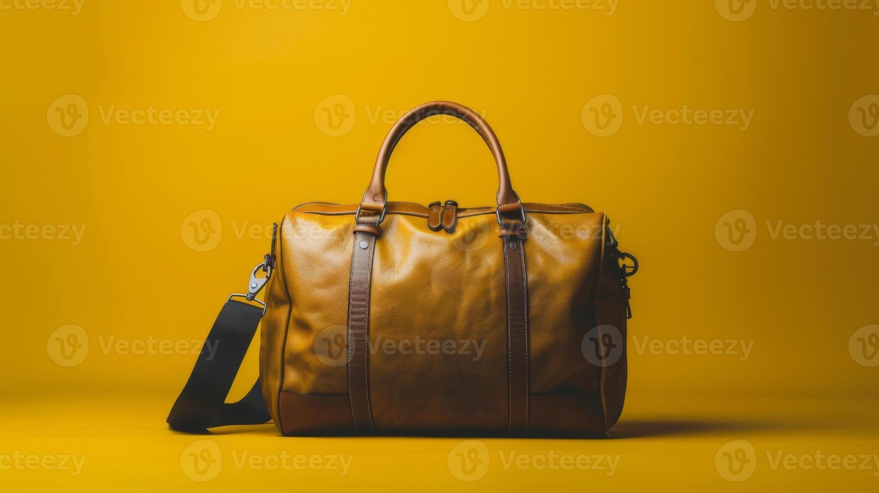 A brown leather duffel bag rests prominently on a bright yellow backdrop, showcasing its sleek design and sturdy handles, reflecting a modern aesthetic photo