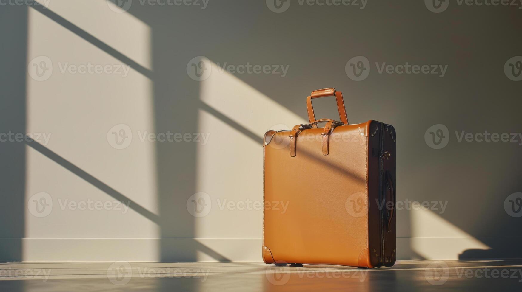 A vintage leather suitcase rests on a polished floor, illuminated by warm afternoon sunlight streaming through large windows. Its shadows stretch across the room photo
