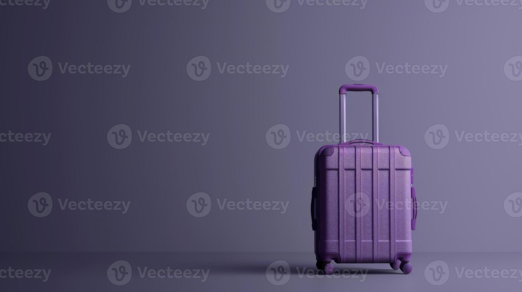 A stylish purple suitcase awaits at an empty location, emphasizing its sleek design and travel-ready appeal. The simple background enhances its vibrant color photo