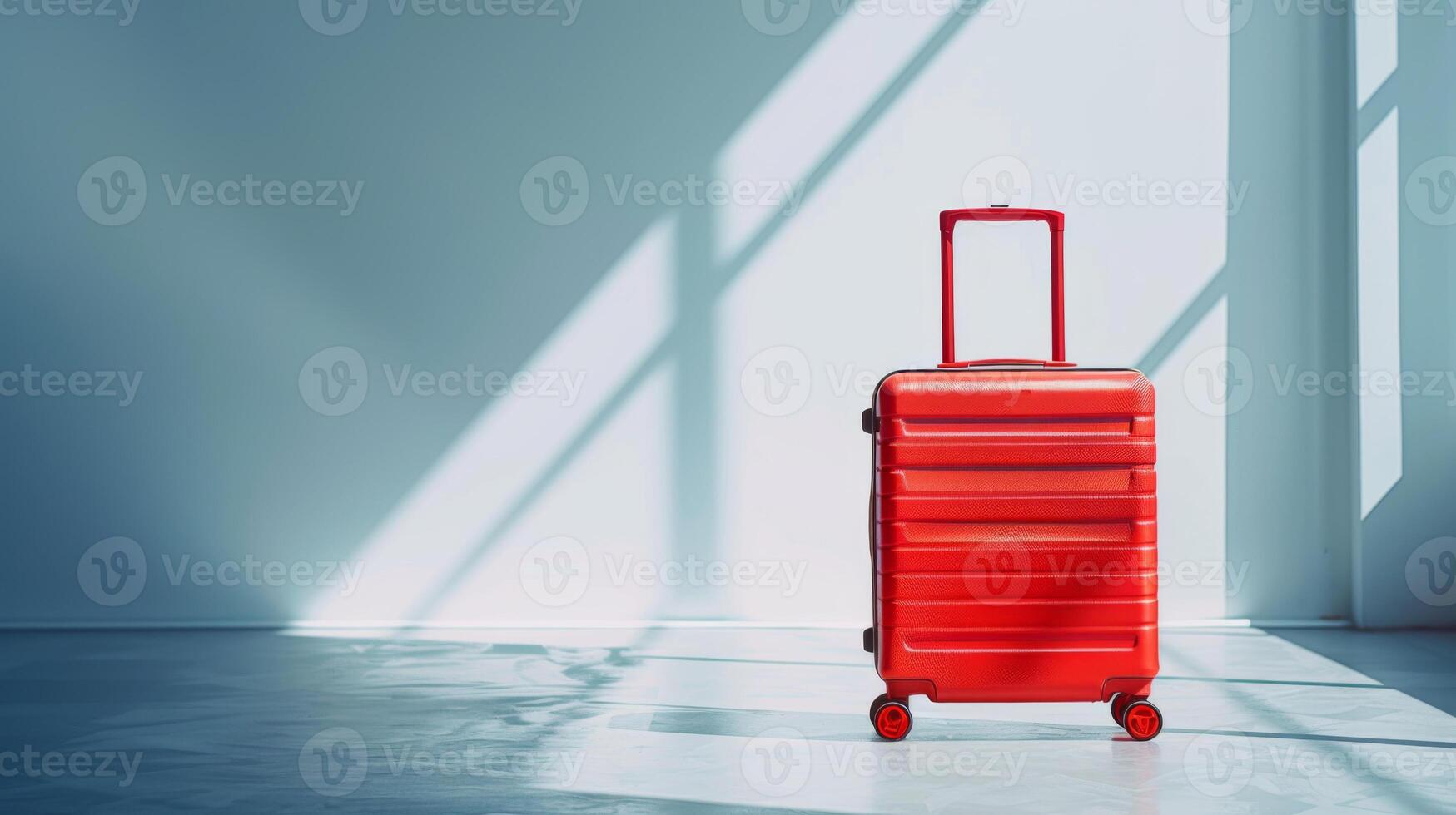 A vibrant red suitcase is positioned in a sunlit room, casting shadows on the sleek floor, evoking feelings of travel and adventure waiting to begin photo
