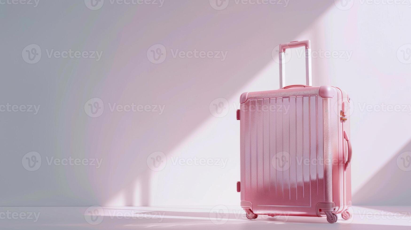 A pink suitcase is positioned against a pale wall, illuminated by warm sunlight that creates soft shadows on the floor, creating a serene and minimalistic atmosphere photo