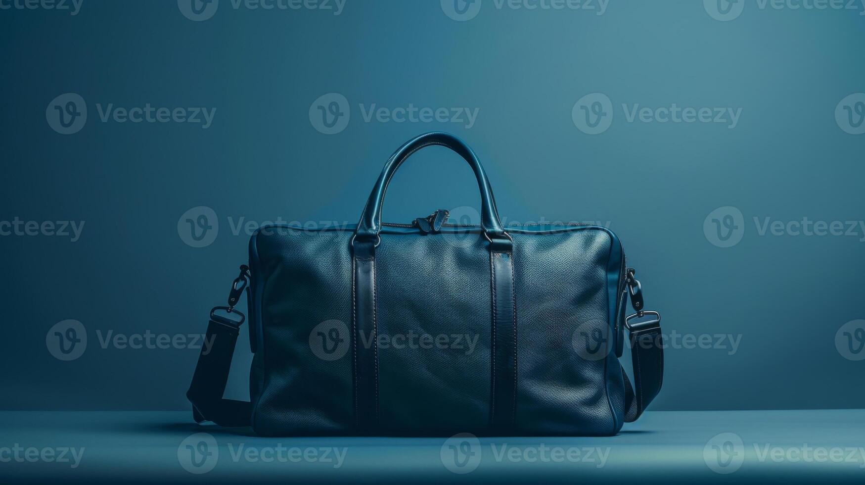 A sleek leather travel bag rests on a smooth surface, illuminated by soft blue light, showcasing its elegant design and sophisticated color, perfect for stylish getaways photo