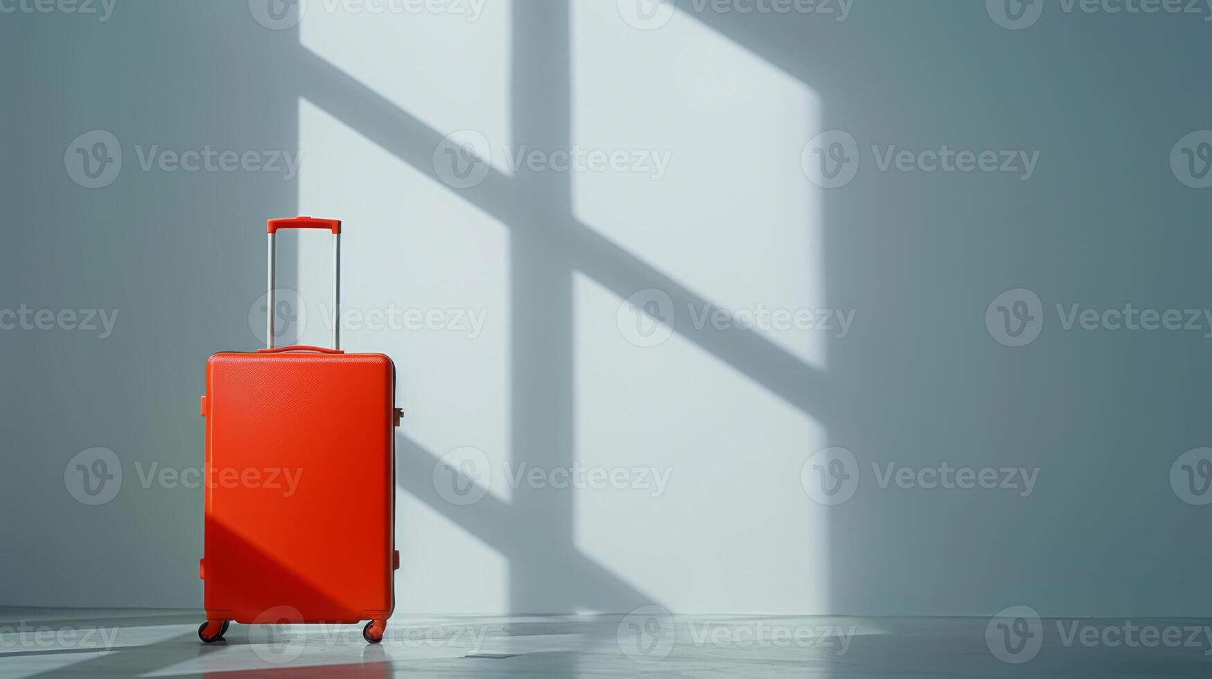 A vibrant red suitcase is positioned by itself in a well-lit contemporary space, casting distinct shadows on the wall. Sunlight creates a striking contrast photo