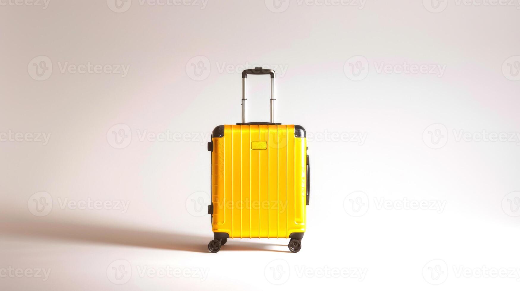 A vibrant yellow suitcase with a retractable handle and wheels is positioned upright, symbolizing readiness for a journey. Its sleek design offers practicality and style for any traveler photo
