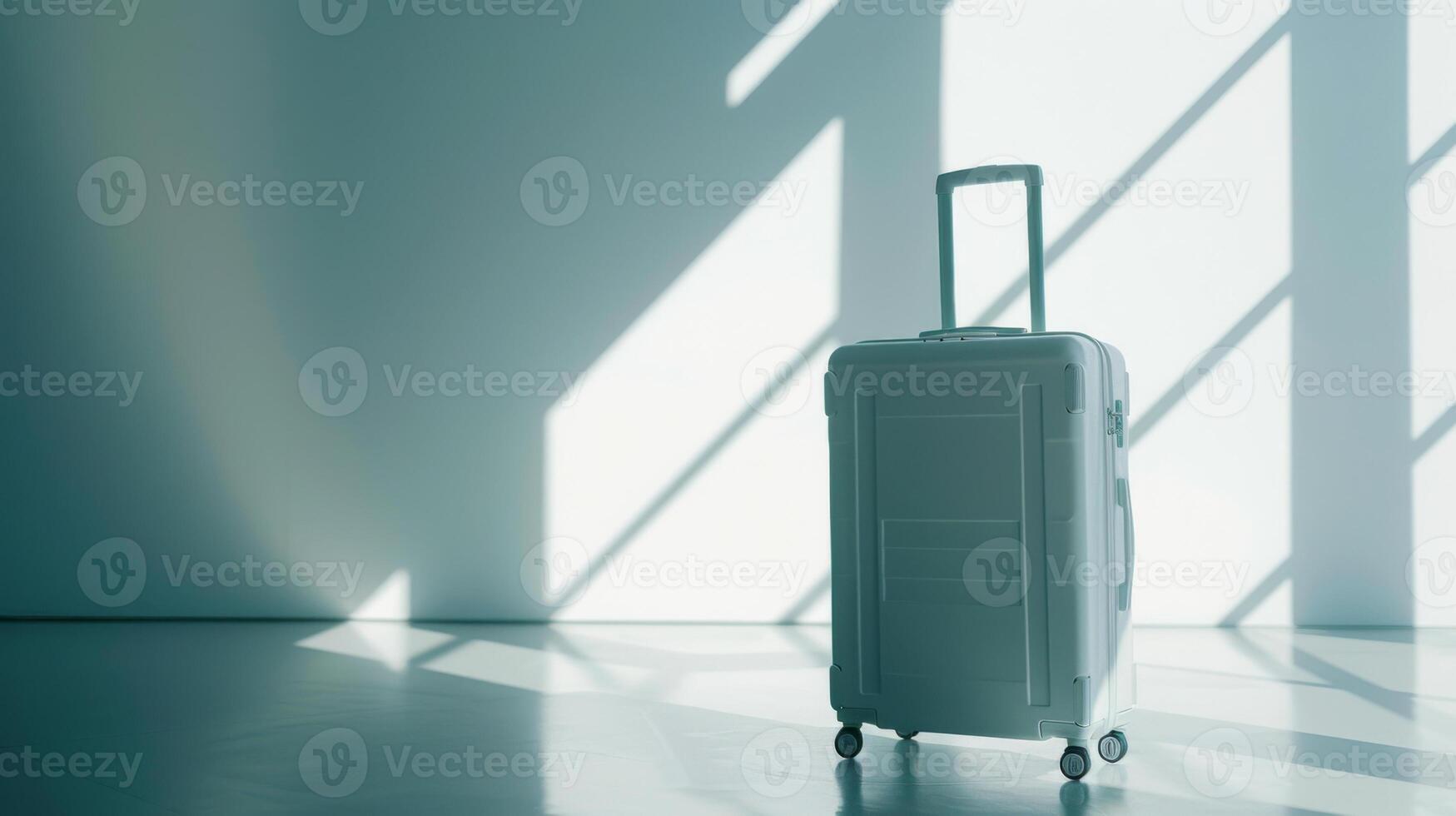 The suitcase stands unused in a well-lit room, with sunlight casting geometric shadows on the wall, suggesting anticipation of travel or adventure ahead photo