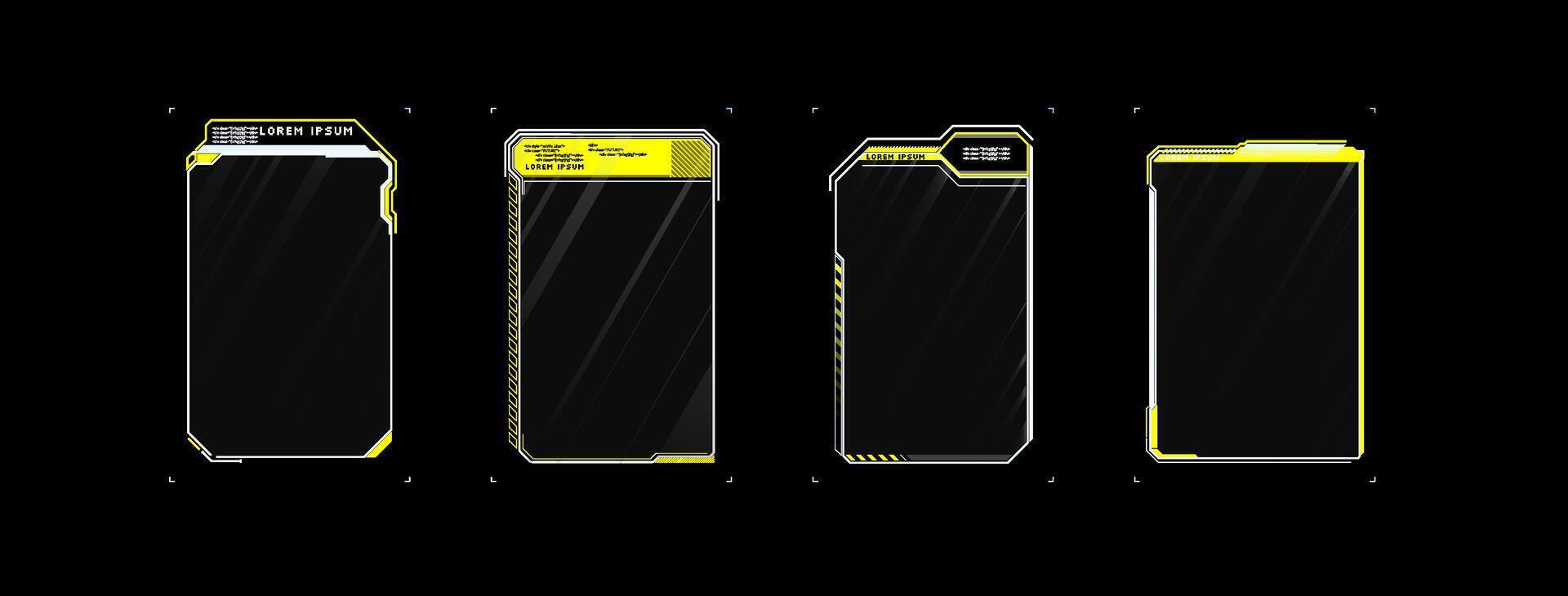 Futuristic display panels with bright yellow accents showcasing a sleek design and high-tech interface in a digital environment vector