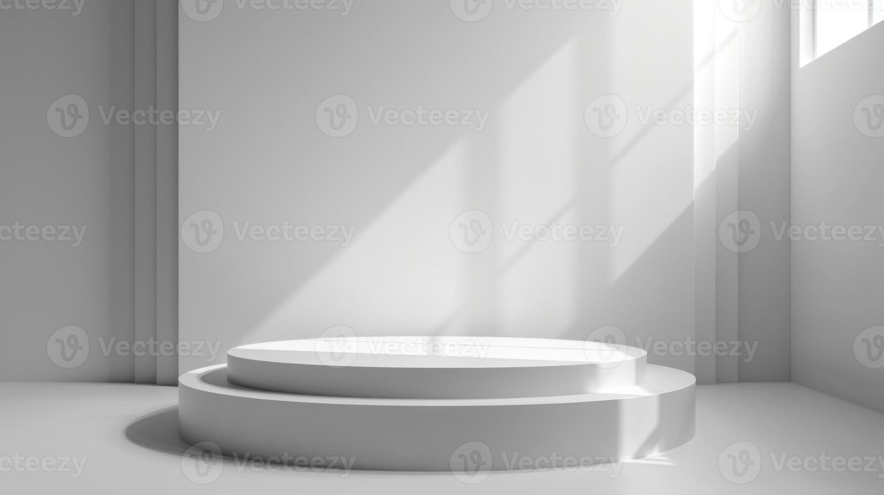 A bright interior features a smooth, circular display platform illuminated by soft light streaming through windows, creating a tranquil atmosphere for showcasing products photo