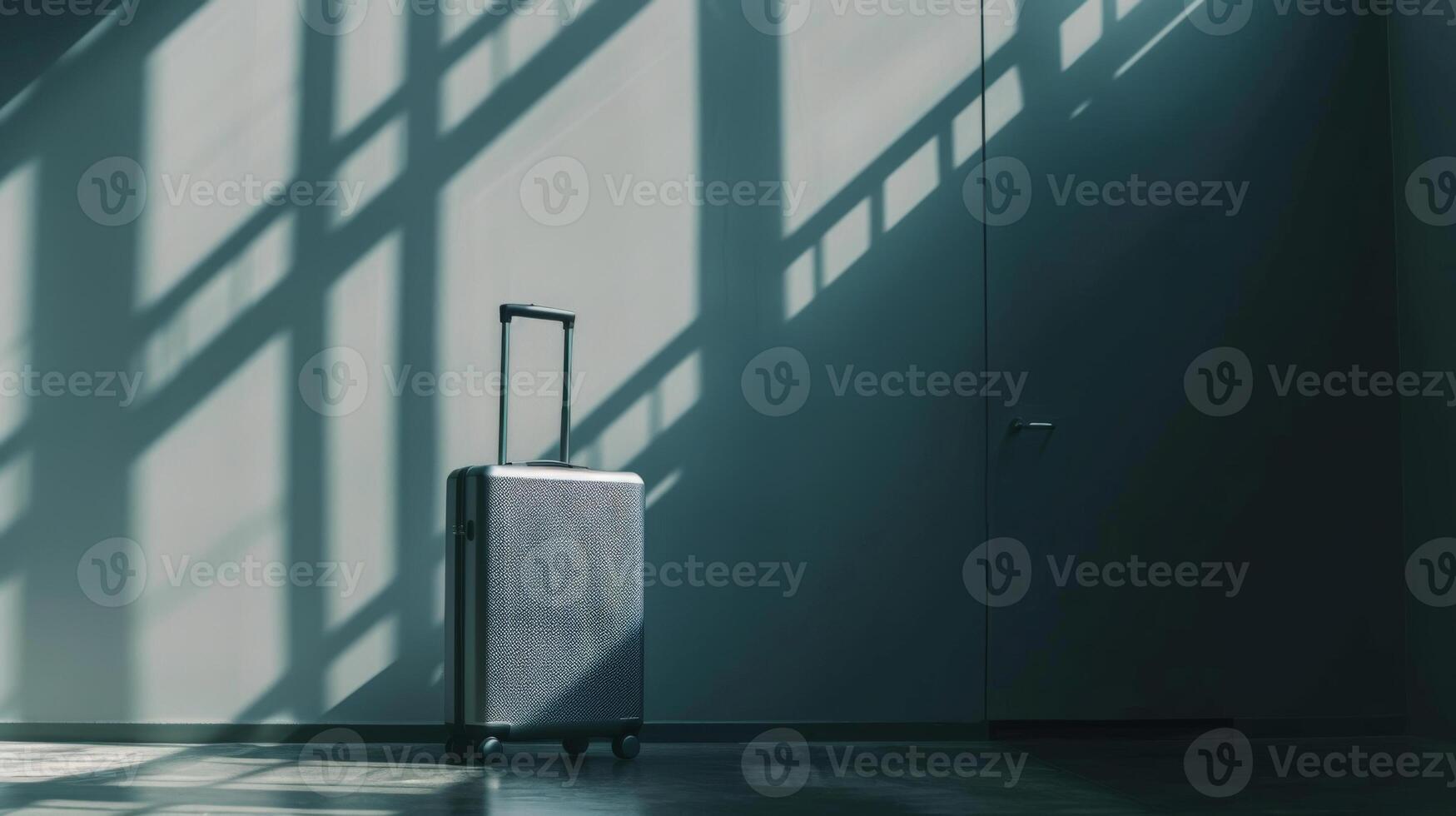 A lone suitcase stands in a minimalist room, illuminated by soft light filtering through a window. Long shadows stretch across the floor and wall, creating a serene atmosphere photo