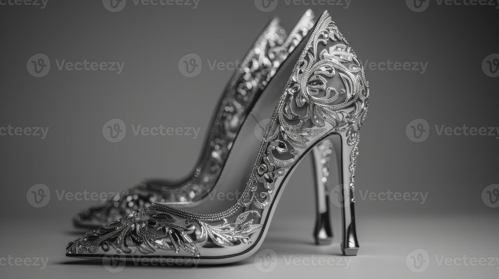 This luxurious pair of high heels features detailed craftsmanship with intricate designs. The elegant shoes are displayed against a simple background, highlighting their beauty and craftsmanship photo