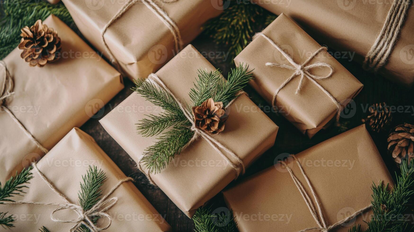 A collection of thoughtfully wrapped presents in craft paper, decorated with twine, pine branches, and cones, ready to bring joy for the New Year celebration photo