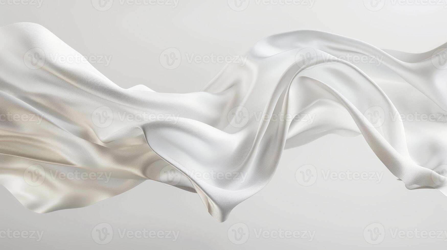 White silk satin cloth pieces are gracefully floating and undulating in the air, creating a sense of lightness and elegance. The fabric moves gently, conveying tranquility photo