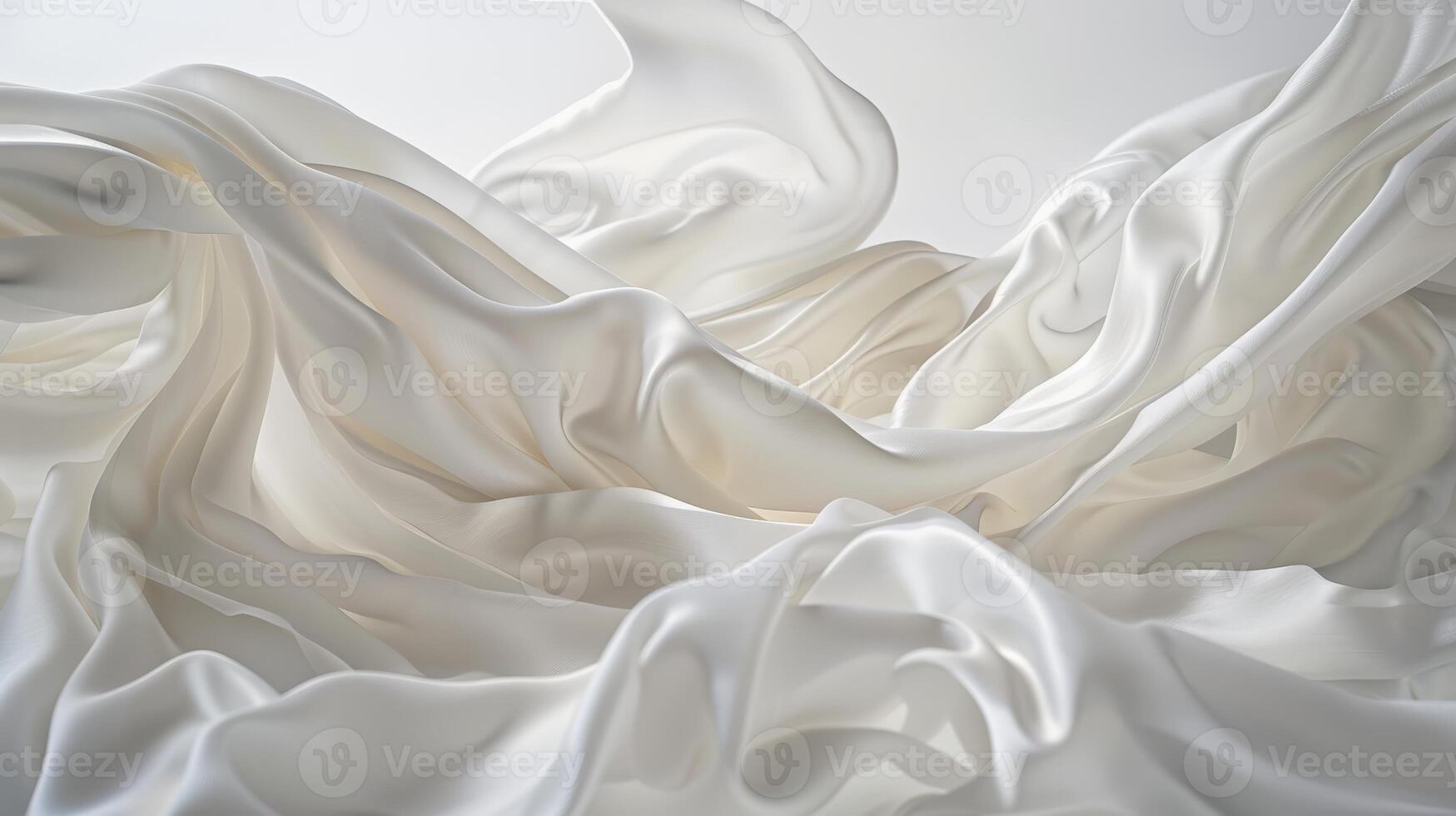 White silk satin cloth delicately floats, creating a wave-like effect in a softly illuminated space. The elegant draping enhances the tranquil atmosphere photo