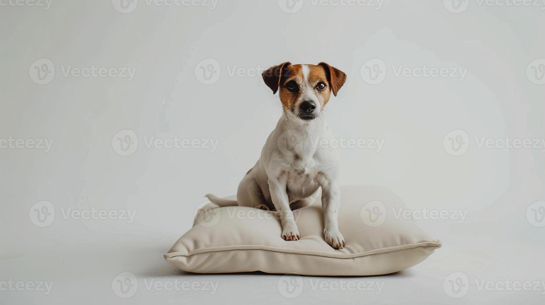 A small, stylish dog rests atop a soft, cushioned bed in a minimalist environment, highlighting both comfort and contemporary pet design photo