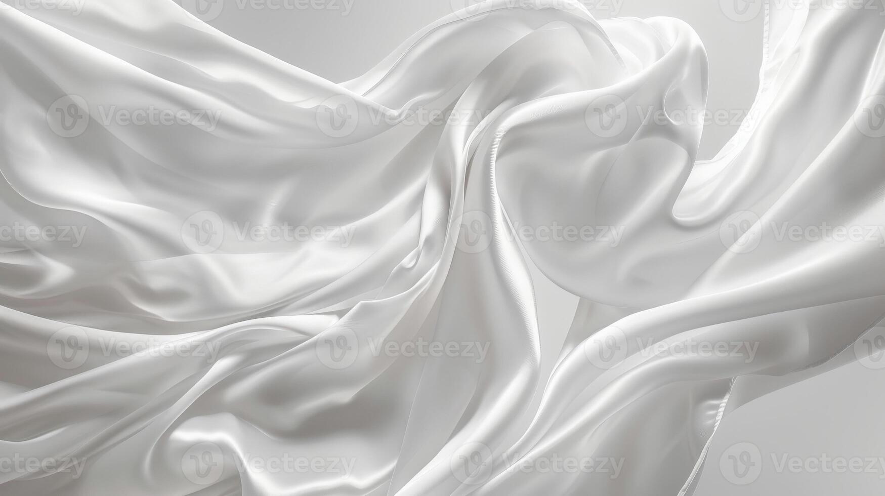 Soft and ethereal, the white silk satin cloth drapes gracefully and floats through the air, creating a calming and elegant atmosphere in a softly lit indoor environment photo