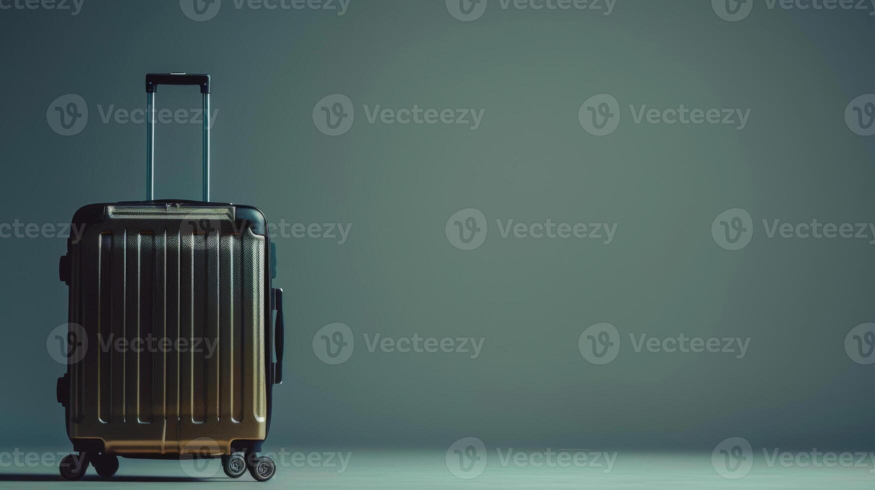 A stylish suitcase with a modern design waits quietly on a smooth floor, illuminated by soft lighting that highlights its sleek surface and prepared for upcoming journeys photo