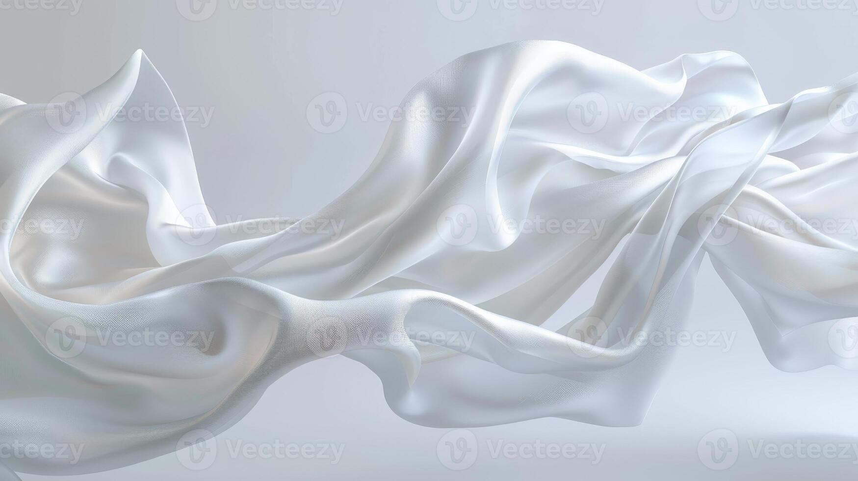 Multiple pieces of white silk satin cloth gracefully float in mid-air, creating a calming and soft atmosphere. The smooth texture enhances the tranquil effect photo