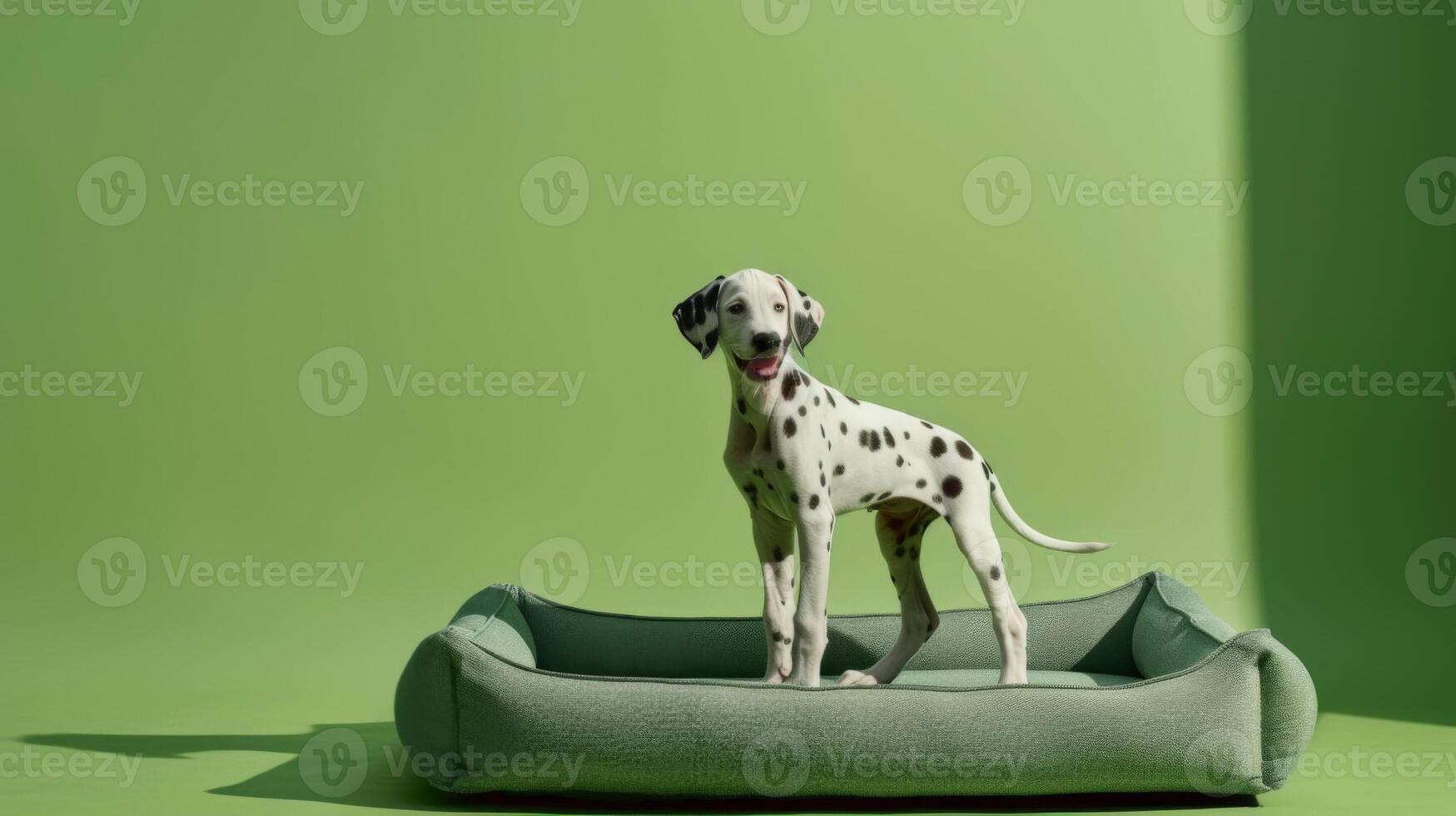 A Dalmatian puppy stands happily on a soft, premium dog bed that is centrally positioned against a vibrant green background, adding a playful touch to the setting photo