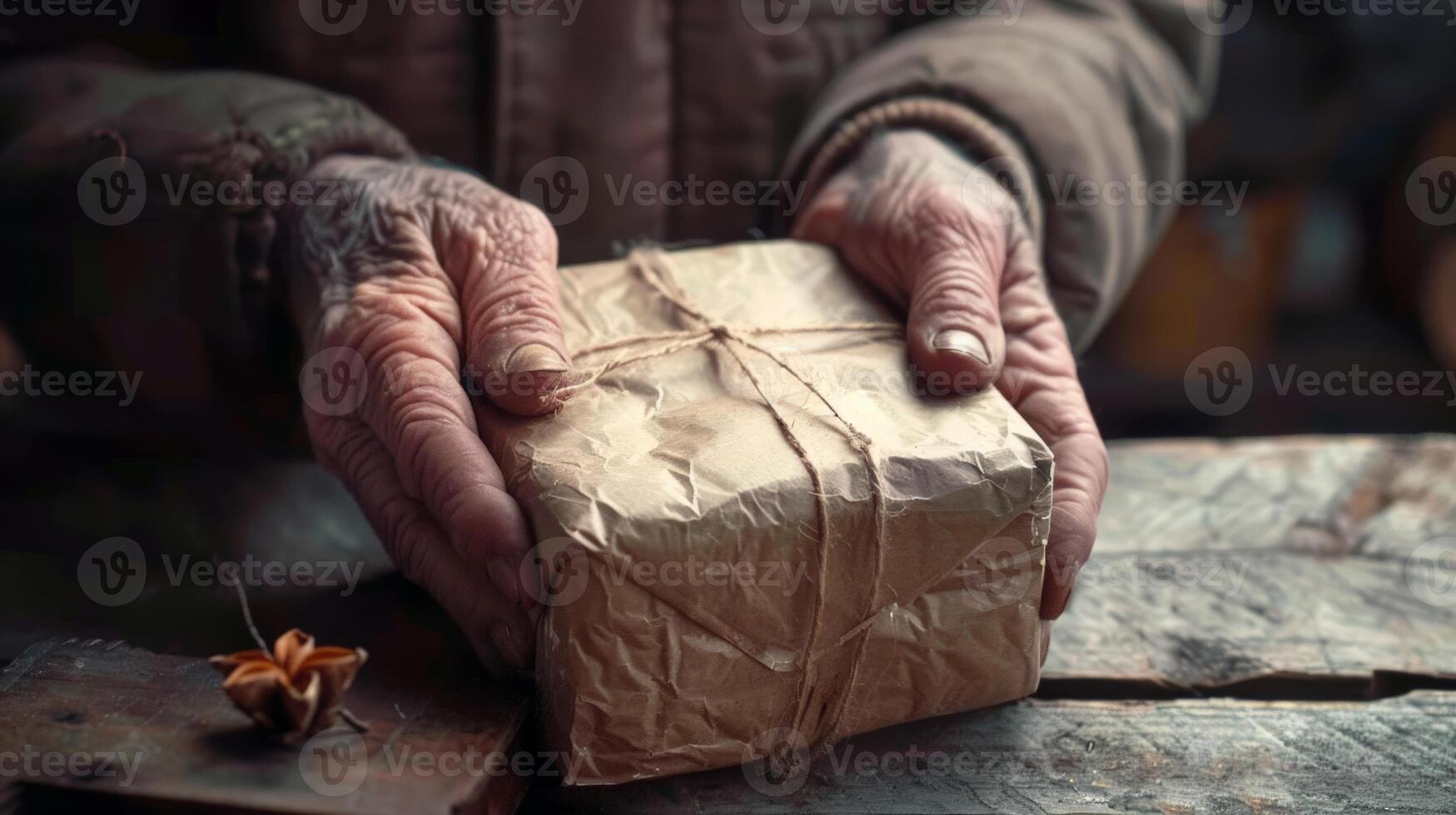 An elderly man's hands carefully package a gift for the New Year, showcasing a time-honored tradition of gift-giving in a warm, nostalgic space photo
