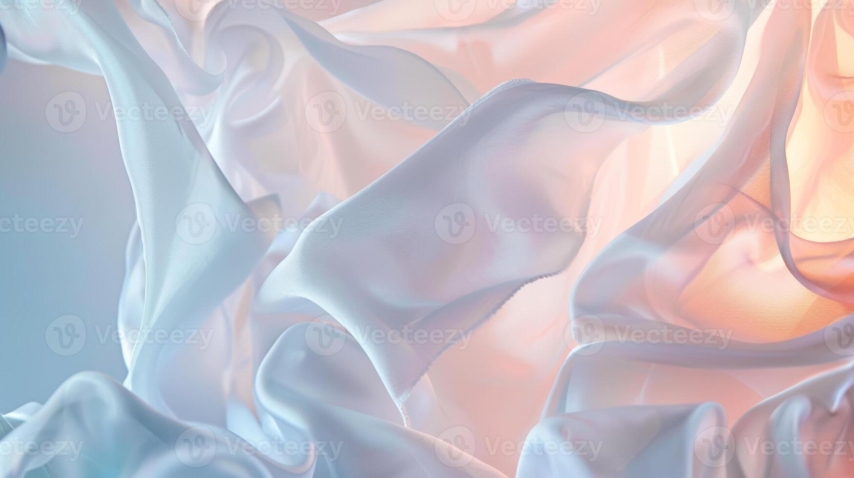 Delicate white silk satin fabrics cascade softly, showcasing their smooth texture and elegant draping. The gentle play of light and shadow enhances the luxurious feel of the fabric photo