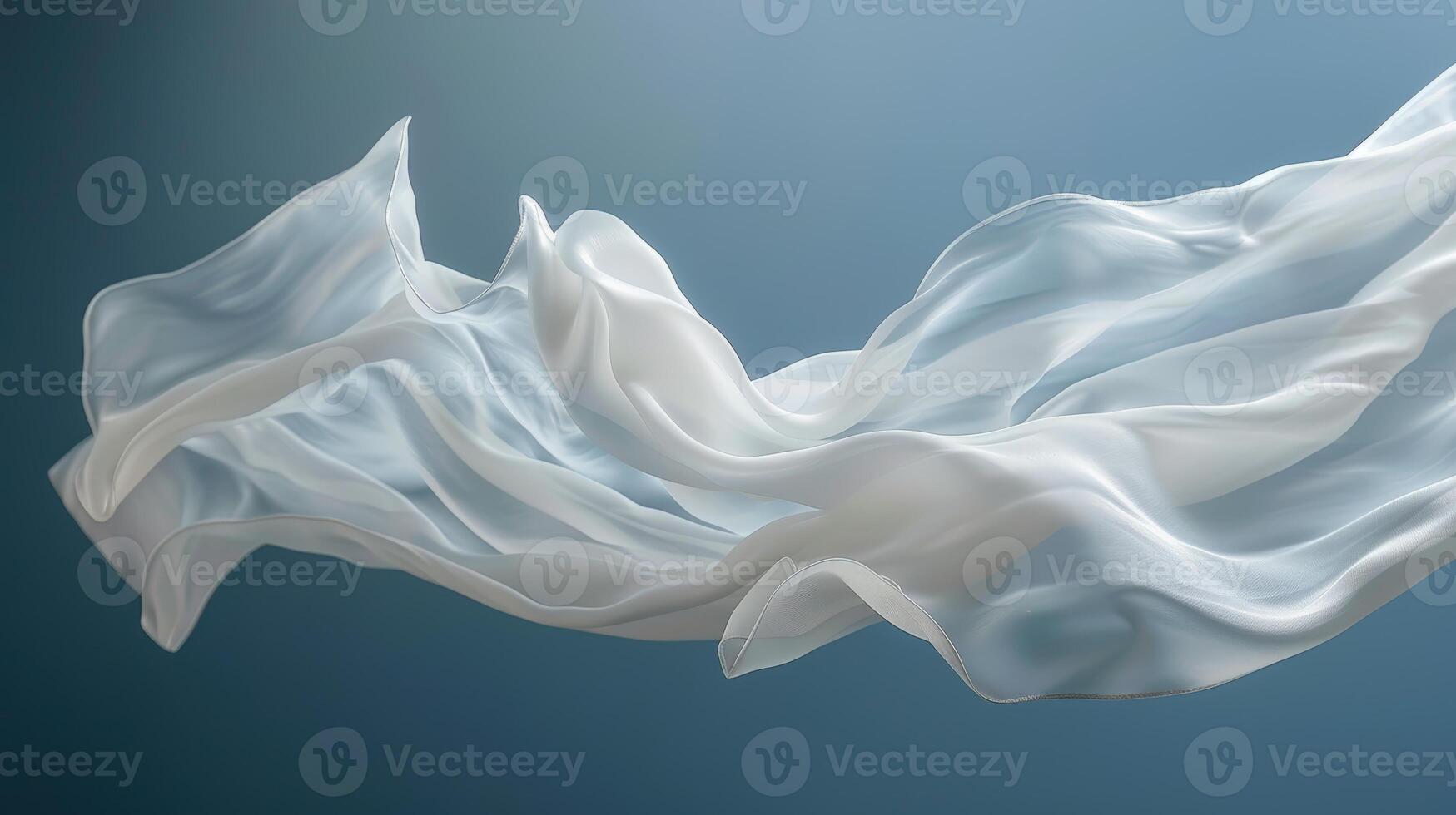 Delicate white silk satin cloths gracefully drift in the air, creating a tranquil atmosphere with their soft, flowing texture against a calming blue backdrop photo