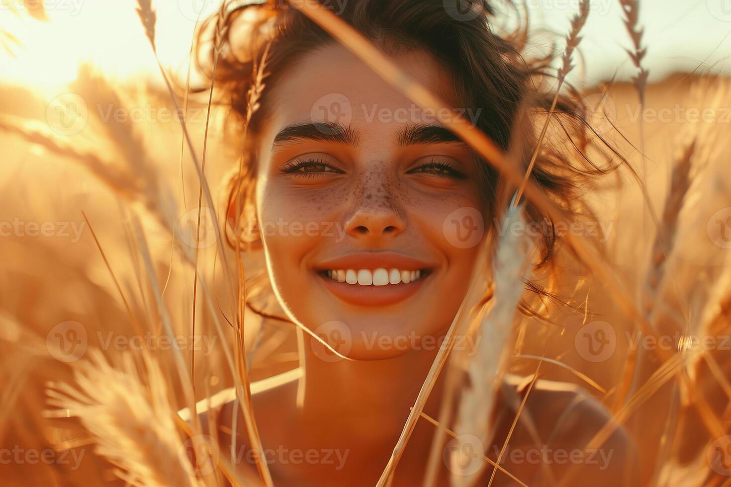 Close up portrait of a beautiful happy woman in a golden wheat field during sunset photo