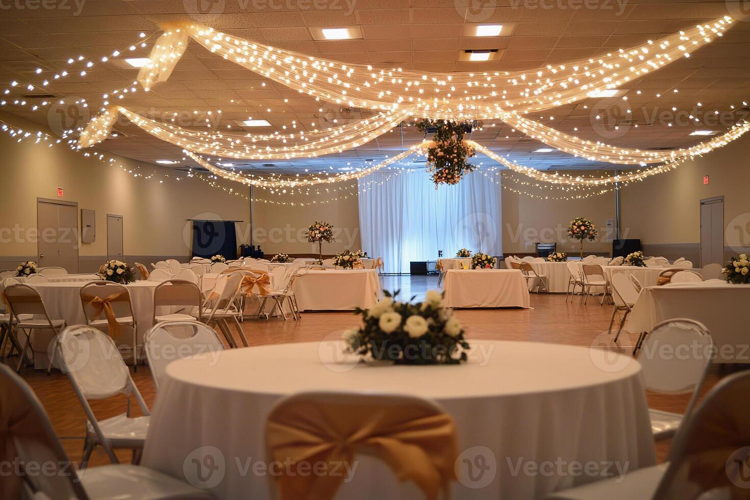 Elegant wedding reception setup in a budget-friendly community center venue photo