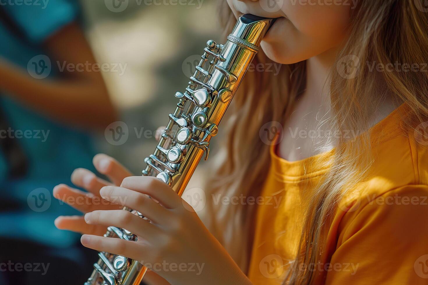 Young girl playing a silver flute outdoors during a sunny afternoon in a park setting photo