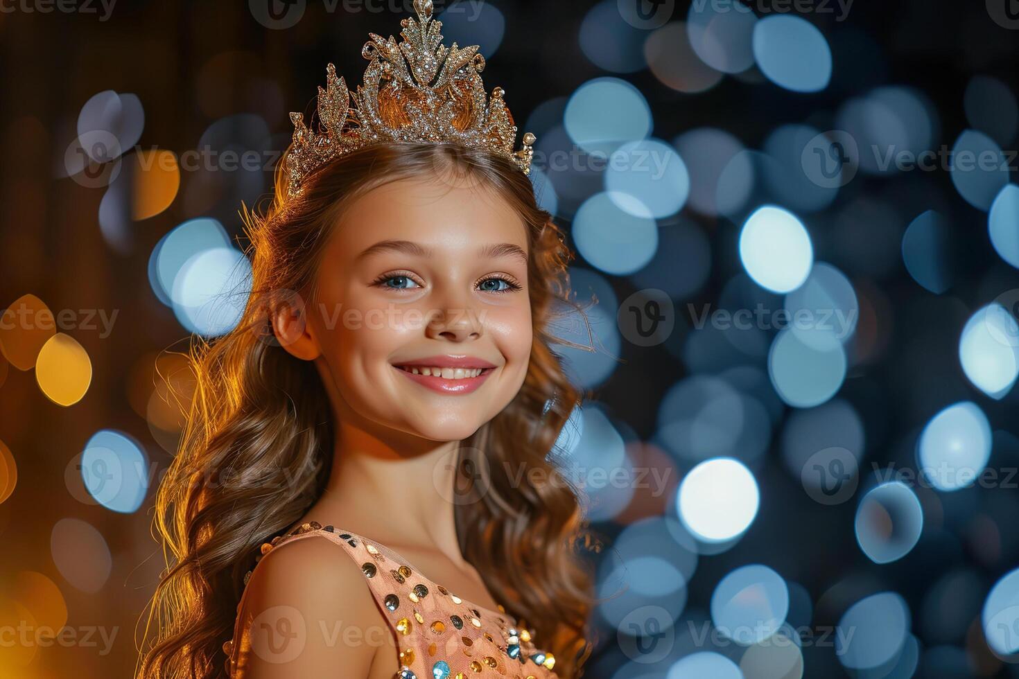 Twelve year old girl in tiara and sparkling dress shines after winning a beauty pageant photo