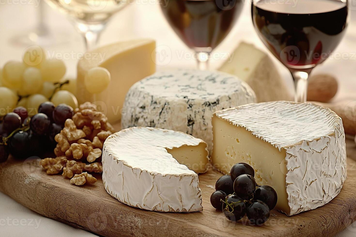 An arrangement of various cheeses paired with French wines, garnished with grapes and nuts photo