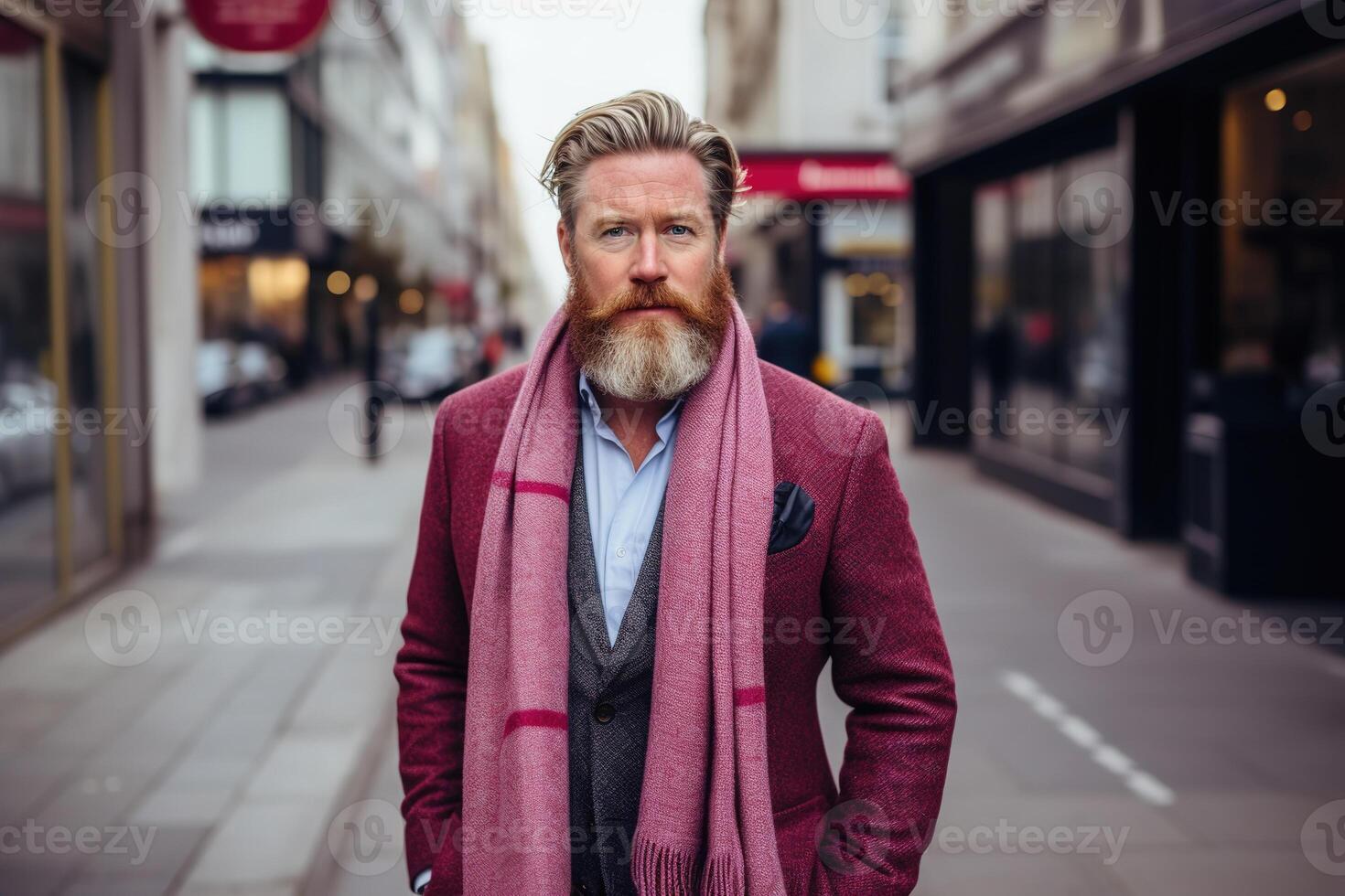 middle aged man dressed in warm winter clothes strolls through a city street in chilly weather photo