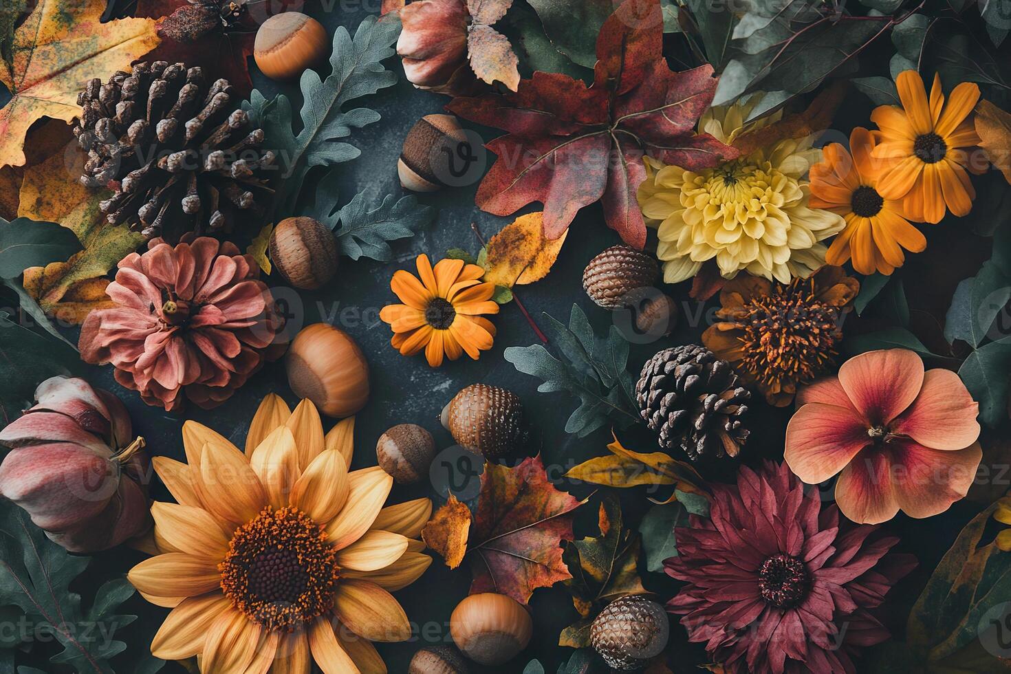 Autumn flat lay featuring floral arrangements, acorns, pinecones, and colorful leaves photo