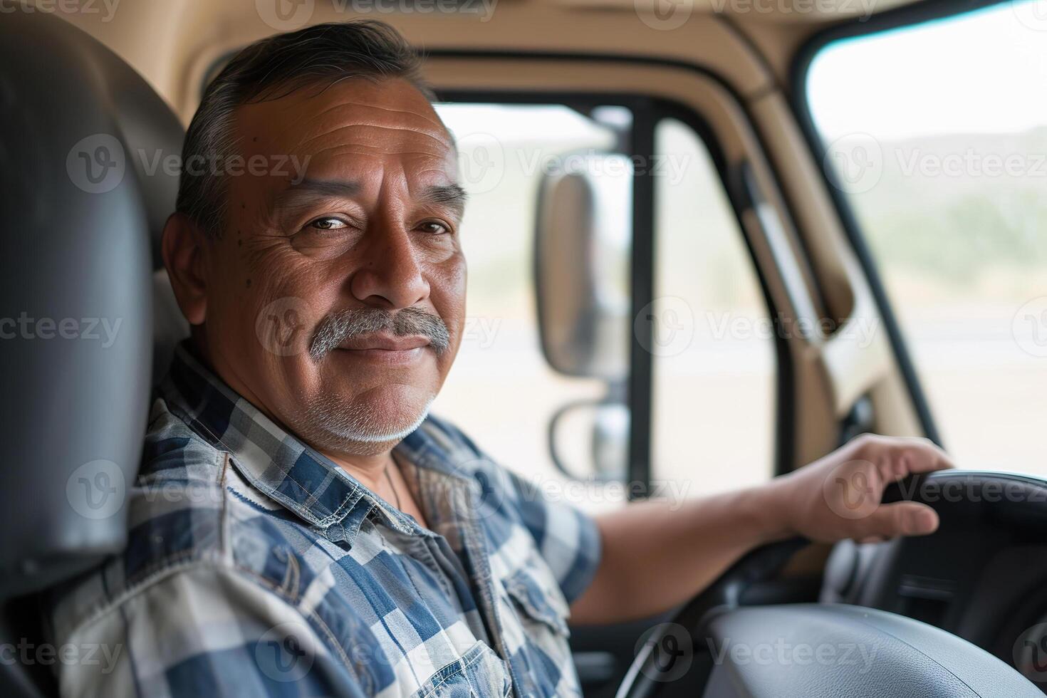Hispanic truck driver navigating the open road in a large vehicle cabin photo