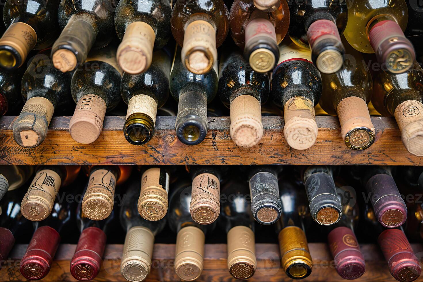 Traditional wineskins of various colors and textures are displayed in a cozy artisan setting photo