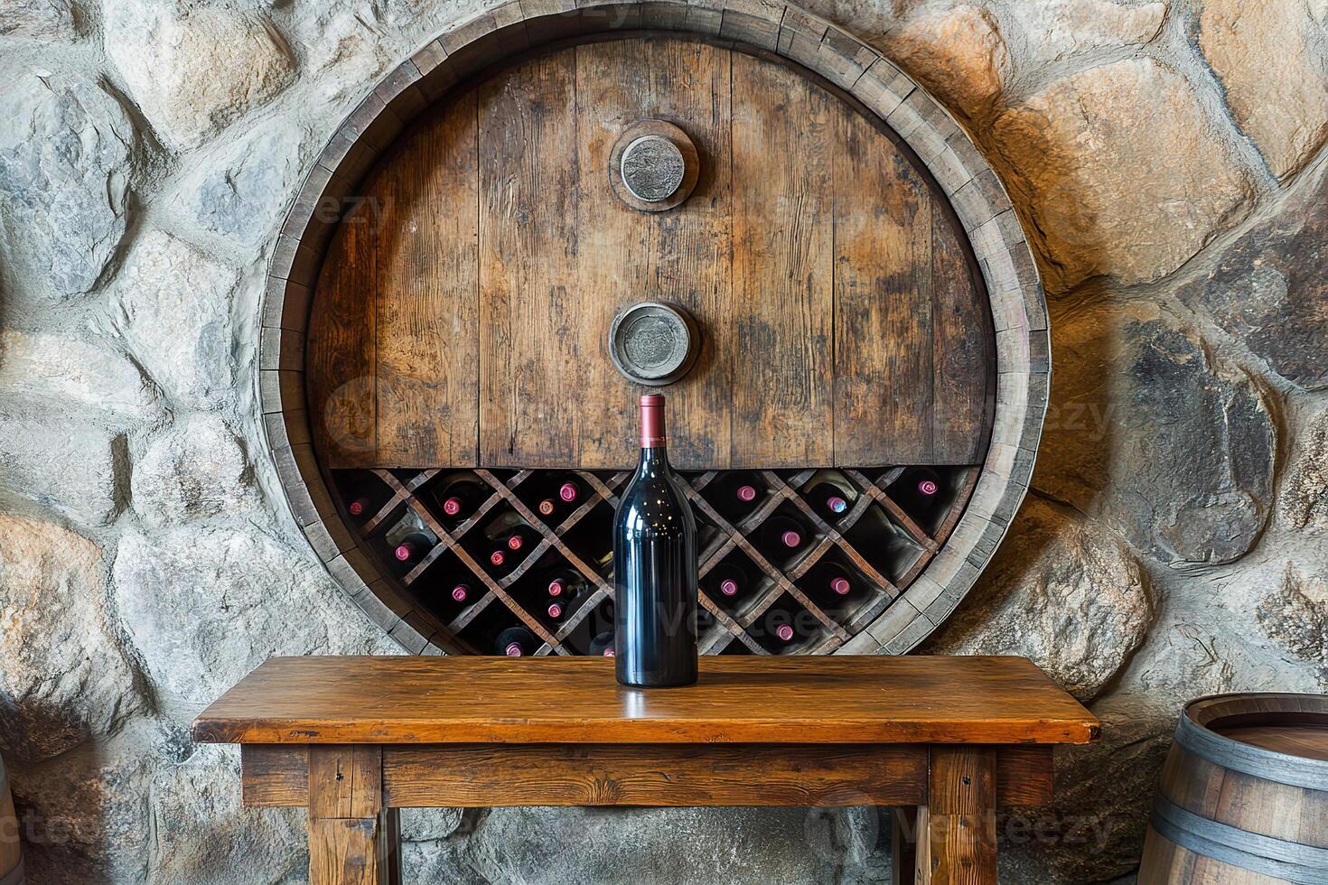 Elegant wine cellar featuring a barrel table and rustic charm for gatherings and tastings photo